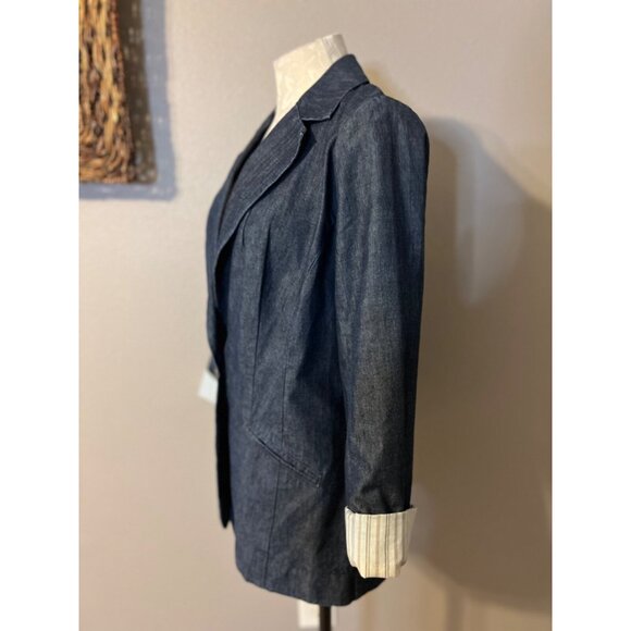 Trina Turk Blue Denim Jacket 6 Small Cotton Rolled Cuff Lightweight - Picture 3 of 9